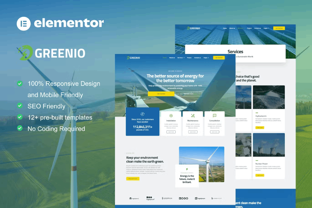greeniocover Greenio – Green Energy & Technology Company Elementor Template Kit - Image 1