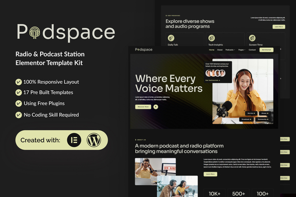 Podspace - Radio & Podcast Station Elementor Temp Podspace - Radio & Podcast Station Elementor Template Kit - Image 1