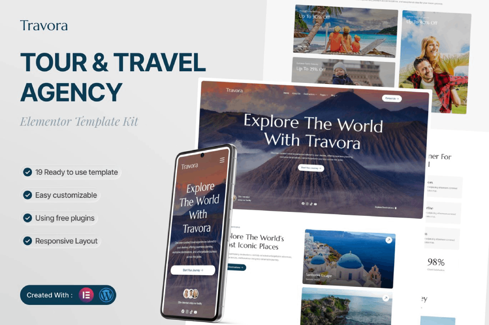 Travora – Tour & Travel Agency Elementor Template Kit Travora – Tour & Travel Agency Elementor Template Kit - Image 1